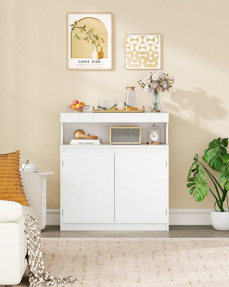 HEXCELEN Sideboard, Kitchen Cabinet With 2 Doors, Buffet Cabinet With Open Surface, Storage Furniture, Adjustable Shelves, Kitchen, Living Room, 40 X 80 X 85 Cm, White - 白色 - 查看 1