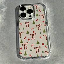 La carcasa del teléfono móvil con patrón de árbol de Navidad con lazo de moda está disponible para iPhone 17 / 13 / 12 / 11 / 16 pro Max / 15pro / 14 plus, compatible con oppo, vivo, honor, colección , amortiguación, antideslizante, ligero, nuevas  de moda, marcos de lente galvanizados, fundas protectoras tpu de alta calidad para hombres y mujeres. - transparente - Ver 3