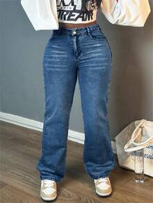 Women Casual Straight-Leg Jeans, Fashion Simple Style, Button, Zipper, Solid Color Denim Pants,Suitable For All Occasions - Dark Wash - View 2