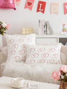 1件/2件装情人节镂空白色双心刺绣抱枕套，田园风暖色调仿毛皮刺绣沙发靠垫套，适用于情人节、餐厅、咖啡馆