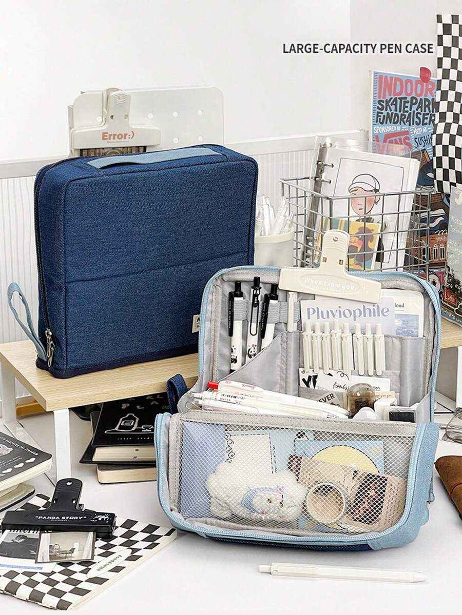 1 pieza Estuche de lápices plegable de gran capacidad, caja de almacenamiento de artículos de papelería con múltiples compartimentos para estudiantes, estuche de lápices portátil con asa de transporte lavable - Multicolor - Ver 1