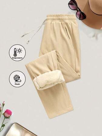 1pc Men's Casual Thermal Lined Pants, Solid Color With Pockets And Drawstring Waist