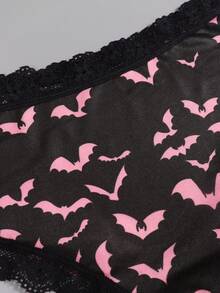 Dircho 5pcs Women's Cute Pattern Contrast Lace Bikini Panties - Allover Pumpkin/Heart/Bat/Eye Pattern Silky Soft Comfy Intimates Underwear, Stretch Breathable Elastic Waist Daily Lingerie Set