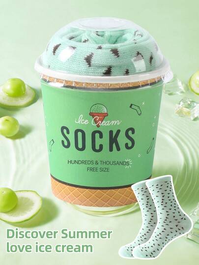 1 Pair Valuable Multi-Color Mid-Calf Gift Socks, Unisex Couples Gift Box, Soft Ice Cream Novelty Socks, Imaginative Food-Inspired Creative Design, Comfortable Versatile Quirky Abstract Daily Casual Wear Socks, Popular Food-Themed Outfit, Great Gift For Couples Friends, Suitable For All Seasons