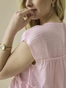 Women's Summer Cute Boho Blouse Shirts Y2k Striped Ruched Flowy Ruffle Peplum Short Cap Sleeve Round Neck Babydoll Crop Tops Tee Kawaii Peplum Spring Clothes Boho Beach Holiday Outfits,90s Fashion Women,Valentine's Day Wear,Going Out Tops,Mardi Gras Outfit,Tropical Vacation Outfits - 粉色 - 查看 4