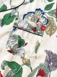 2件套女士丛林植物印花翻领短袖短裤睡衣套装，家居服 - 綠色 - 查看 9