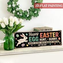 1pc Vintage Easter Bunny Decorative Sign | "Happy Easter Egg Hunt Bunny" Wooden Wall Sign - 11.8x3.94 Inches, Farmhouse Style Spring Kitchen Wall, Perfect Easter Gift, For Friends - Multicolor - View 2