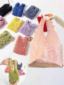 1 pieza Bolso de mano expandible y lindo con ribete de volantes y correa de muñeca, hecho de tela de poliéster duradera, bolso portátil, opciones de varios colores, adecuado para compras, uso diario, regalo, bolso de moda y práctico con textura de loto, diseño interior de gran capacidad, mecanismo retráctil confiable, fácil de guardar, bolsa de compras pequeña, réplica, retornable - Multicolor - Ver 8