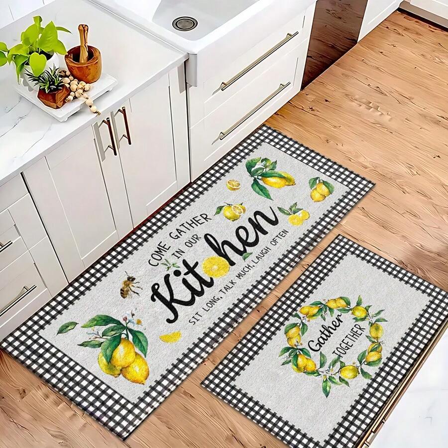 1 pieza Alfombra impresa con patrón de limón, tapete de lana sintética - Altamente absorbente, fácil de limpiar, adecuado para decoración del hogar, estilo rústico, entrada, interior, habitación, cocina, comedor, oficina pequeña/oficina en casa, fregadero, lavandería, felpudo, alfombrilla de cocina, alfombrilla antideslizante - Multicolor - Ver 1