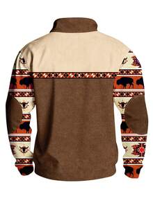 Plus Size Men Vintage Western Style Khaki Brown Patchwork Half Zip Collar Polo Shirt, Skull & Geometric Print, Suitable For Spring/Autumn Casual, Vacation, Outdoor Activities, Commuting - Khaki - View 2