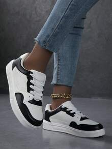 Spring New Round Toe Lace-Up Black & White Women Shoes, PU Patchwork Uppers, Fashion Street Style Sporty College Vibe, Comfortable Casual Sneakers For Women - Black and White - View 5