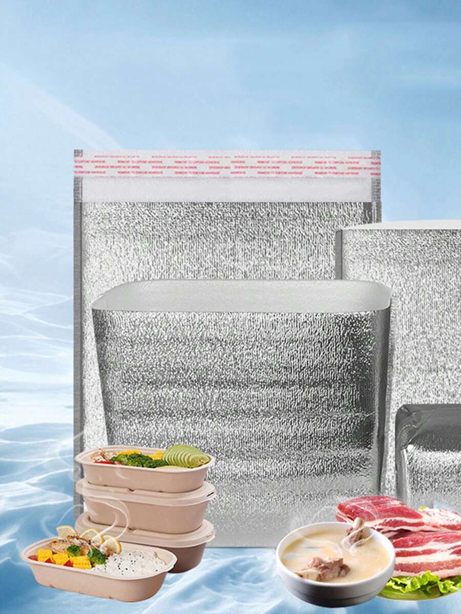 5pcs/Pack Disposable Aluminum Foil Insulated Bags, Portable Food Takeout Thermal Insulation Cooler Bags - Silver - View 1