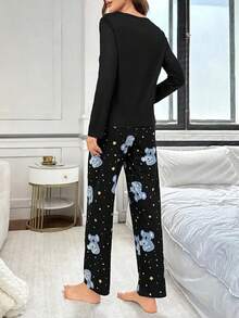 2pcs Cute Cartoon Print Pajama Set, Women Casual Loungewear