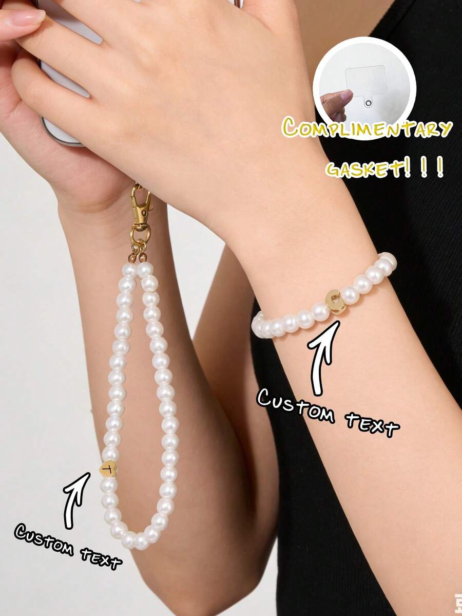 Customized Phone Lanyard, Elegant Faux Pearl Heart Pendant Phone Strap (Includes Phone Strap Pad), Faux Pearl Bubble 26 Letter Bracelet, Customizable Name, Slogan, Date, Suitable For Birthday, Anniversary, Gift - Multicolor - View 1