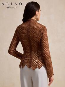 A&A High-End Paisley Embroidery Mesh Paneling Sheer Long-Sleeved Top, Wedding Season, Suitable For Dinner, Old Money, Homecoming , Court Style, Business Casual Woman, Valentine's Day Outfit, New Year Outfit - Coffee Brown - View 5