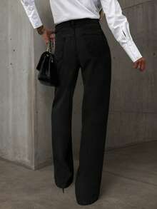 Whisplicity 大码女式黑色口袋休闲百搭直筒牛仔裤，适合秋冬穿着，可搭配万圣节