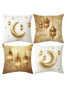 4件套斋月主题抱枕套，月亮、星星和吊灯装饰抱枕套，农舍风格家居装饰，适用于沙发、客厅、卧室、户外，不含枕芯 - 淡黃色 - 查看 6