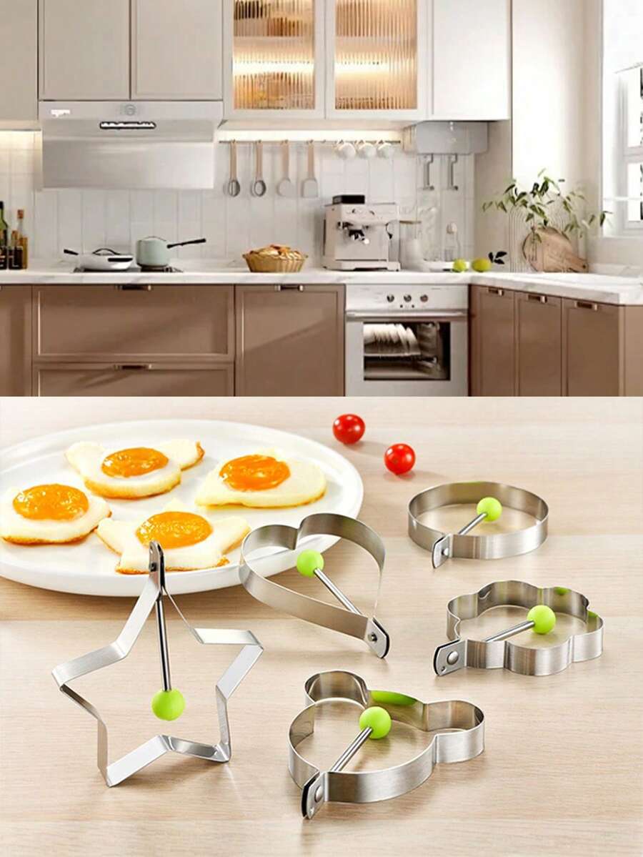 5pcs/Set Fried Egg Mold, Household Multifunctional Thickened Stainless Steel Heart/Stars/Flowers/Stars/ Shaped Egg Maker Creative Fried Egg Mold, Stainless Steel Egg Frying Pancake Mould, Cooking Tool, RV Kitchen Accessory, Cooking Utensil For Non-Stick Pans, Stainless Steel Fried Egg Ring Mold, Heart Shaped Egg Mold, Perfect For Bento Box - Multicolor - View 1