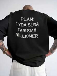 Camiseta Casual de Manga Corta para Hombre con Impresión en Resaltado en la Espalda"PLAN: TYDA SUDA OCHO MILLONARIO DE SIAM" - Negro con Letras Blancas, Camiseta de Verano de Cuello Redondo, Camiseta de Ajuste Regular Lavable a Máquina para Adultos, Ropa de Diario, Tela Cómoda - Negro - Ver 1