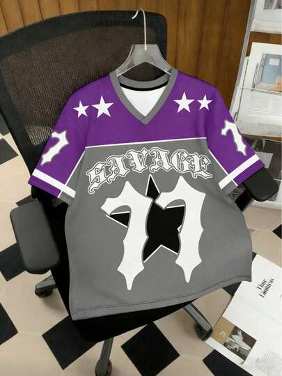 男士运动风V领五角星图案短袖T恤