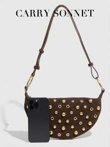 Crescent-Shaped Hollow Leather Crossbody Bag, Minimalist Design, Suitable For Shopping And Commuting, Showcasing Fashionable Personalized. The Crescent-Shaped Shoulder Bag Is Decorated With Gold Rivets, Punk Style Crossbody Bag, Essential Item For Autumn Holidays. - Coffee - View 3