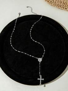 1pc Minimalist Y-Shaped Vintage Cross Pendant Necklace With Tassel, Versatile Fashion Jewelry Gift For Women, Suitable For Daily Wear, Parties And Dates - Multicolor - View 3