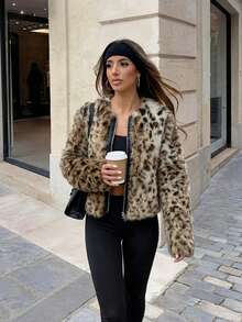 女士奢华豹纹仿皮草外套，优雅皮革饰边拉链毛绒大衣，时尚黑帮妻子美学嘉年华派对夜生活时尚蓬松毛绒外套 - 彩色 - 查看 2