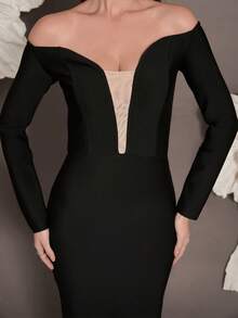 Knitted Bandage Long Sleeve Bodycon Dress, Elegant Cocktail Party Gown For Women - Black - View 8