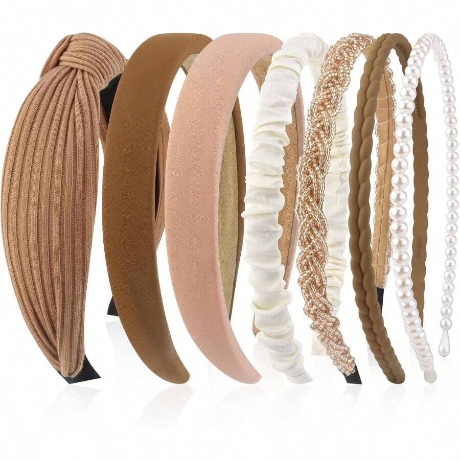 Diademas para Mujer, Piezas Diferentes Bandas para el Cabello con Accesorios de Moda, Marrn Anudado Slido, Perlas, Trenzadas - Caqui - Ver 1