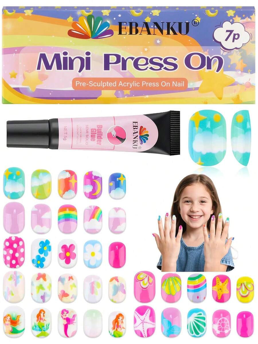 168片儿童美甲贴纸，EBANKU 7套儿童假指甲：夏季贝壳、蝴蝶款式美甲贴纸，适合小指甲或6-12岁女孩