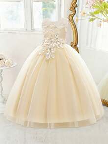 Tween Girls Embroidered Mesh Elegant Party Dress, Suitable For Hosting And Attending Formal Events, Excluding Headband - Rượu sâm banh - Xem 5