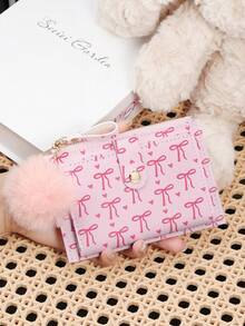 This Fashionable Card Holder Features A Fluffy Pom-Pom Pendant And A Bow-Heart Shaped Clasp. It Is Slim And Lightweight, Convenient To Carry. It Can Hold Cash, ID Cards, Credit Cards, And Coins. It Makes An Ideal Gift For Birthdays, Anniversaries, Christmas, Valentine's Day, And Other Occasions For Your Loved Ones, Ladies, Girls, Teenagers, College Students, And Students. It Is Also Suitable For School Dorms And Back-To-School Season. - Hot Pink - View 9