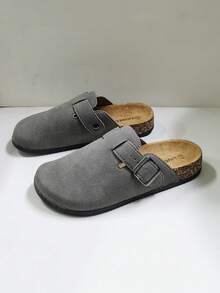 男士穆勒鞋新款春季复古一脚蹬乐福鞋休闲宽松鞋，可调节绑带大码办公室休闲无后跟软木底秋冬凉鞋 - 灰色 - 查看 3