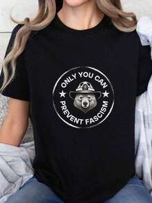 2026 Summer TopsOnly You Can Prevent Fescism Shirt, Trrmp Progressive Liberal Funny Political Gift Oversized Graphic Tees For Women,100% Cotton Womens Oversized Printed Graphic T-Shirts Women Casual Round Neck Short Sleeve Tee 1pcs Fashion Shirt, Halloween Gift, Xmas GiftLoose And Comfortableshirt - Black003 - 查看 1
