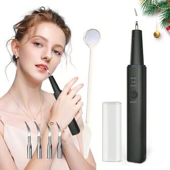 1pc Portable Square Dental Cleaner, Black Metal Teeth Cleaning Tool/Electric Flosser, Three-Speed Adjustable Dental Tool, Water Flosser, With Oral Mirror And 4 Replacement Tips, One-Touch Activation, Battery Capacity: 500 MAh, Targets Tartar And Plaque To Prevent Bad Breath, Oral Cleaning And Care Tool, Perfect As A Gift For Friends!