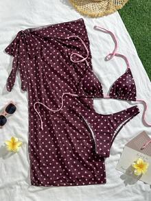 Bộ bikini 3 món gợi cảm và ngọt ngào chấm bi tím đậm - Áo hai dây tam giác + Chân váy voan xẻ cao | Dây buộc có thể điều chỉnh & trang trí kim loại, hoàn hảo cho tiệc bãi biển và hồ bơi mùa hè. - Rỉ Nâu - Xem 6