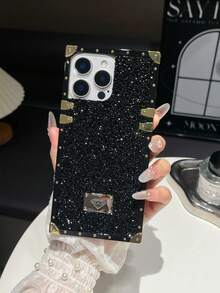 1 Peça Capa de Telefone Quadrada Eletrolítica Bling à Prova de Choque com Strass Preta Compatível com iPhone 17/16 Pro Max/13/14 - Preto - Visão 5