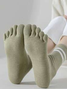 5 Pairs Women's Toe Separator Crew Socks - Solid & Striped Sports Socks, Breathable Stretch For Indoor Workouts & Yoga - 5 cặp - Xem 5