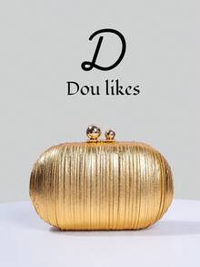 Shiny Pleated Mini Egg-Shaped Clutch Bag, Elegant Metal Double Pearl Snap Design, Suitable For Party Girls, Brides, College Students, Young Professionals, Parties, Celebrations, Weddings, With Metal Chain - Gold - View 12
