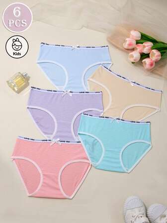 Paquete de 5 bragas de algodón con cintura media, elástica, con lazo y estampado de letras, en estilo casual y lindo, de tela de punto suave y cómoda, adecuada para estudiantes y adolescentes