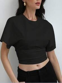 Black Comfortable Cotton Knit Crew Neck Short Sleeve T-Shirt, Regular Hem Cropped Tee For Women, Spring And Summer Casual - Black - View 8