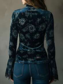 Camicia vintage da donna in pizzo e patchwork - Design elegante in pizzo a contrasto, tessuto con media elasticità, top di moda versatile per primavera e autunno, adatto per vacanze - Blu Navy - Visualizzare 2