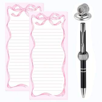 1/2 Pcs Pink Bow Magnetic Shopping List Pad&1 Magnetic Pen Clip 60 Tear Off Sheets Magnetic Grocery List Magnetic Notepad Magnetic Pen Holder For Fridge