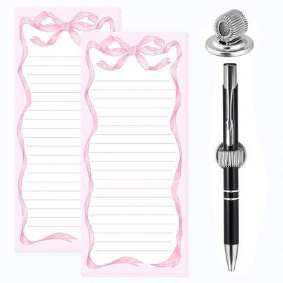 1/2pcs Pink Bow Magnetic Shopping List Notepad & 1pc Magnetic Pen Clip, 60 Sheets Tear-Off Magnetic Grocery List Notepad Magnetic Pen Clip, Suitable For Refrigerator