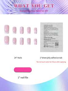 24片方形白色法式花朵美甲贴纸，亚克力材质，完美贴合，中等长度假指甲套装，包含：1瓶果冻胶和1把指甲锉。花朵美甲让您的指尖闪耀动人，适合派对、舞蹈和日常使用。美甲用品 - 彩色 - 查看 5