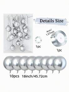 10pcs Silver 4D Balloons, 18 Inches, With Silver Polyester Ribbon, With Masking Paper, Easy To Carry, For Room Decoration, Party Decoration, Wedding Decoration, Family Gathering - Bạc - Xem 3