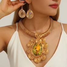 夸张多层人造水晶吊坠，铝线编织手工串珠项链、耳环，时尚复古风格，适合派对、婚礼、度假等场合。 - 金黃色 - 查看 1