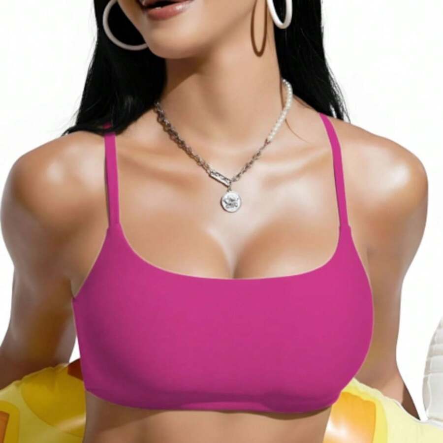 Gym Top Double Band With Removable Pad Thin Strap Zero Transparency Fashion Colors - Hot Pink - View 1