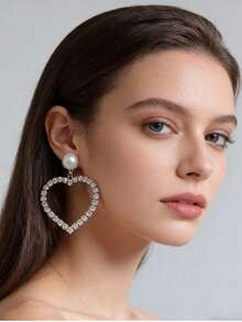1 pieza Pendientes con colgante de corazón grande exagerado de cristal y perla en estilo retro - Blanco - Ver 1