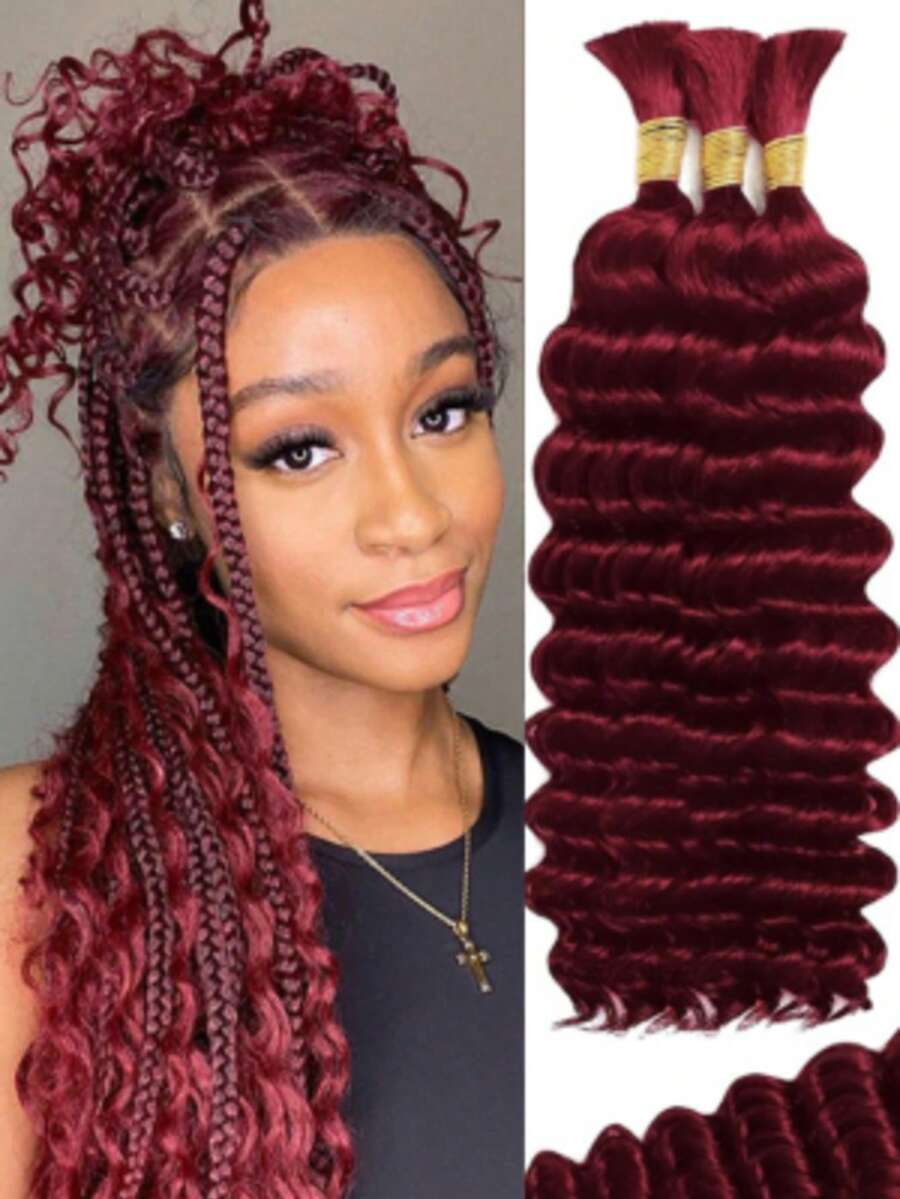 Human Braiding Hair For Boho Braids 100g 20 Inch, #99J Burgundy Deep Wave Boho Braids Human Hair Bulk For Bohemian Micro Knotless Braiding 2 Bundles Per Pack 99j Burgundy Human Braiding Hair For Boho Braids,150g 20 Inch 6 Bundles Burgundy Deep Water Wave Bulk Boho Curly Human Hair For Braiding,Wine Red No Weft Wet And Wavy Braiding Hair Extensions - S99J - 查看 1
